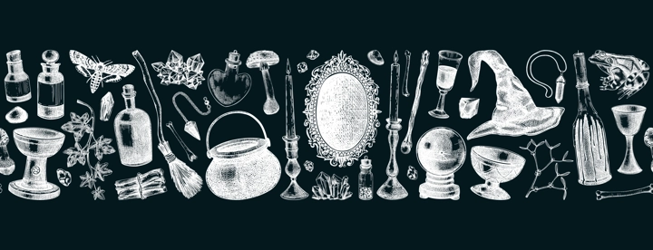 Vintage Halloween vector border on chalkboard. Hand-drawn witchcraft background. Skull, bones, poison bottles, crystal ball, black mirror, candles sketches. Seamless pattern for magic design